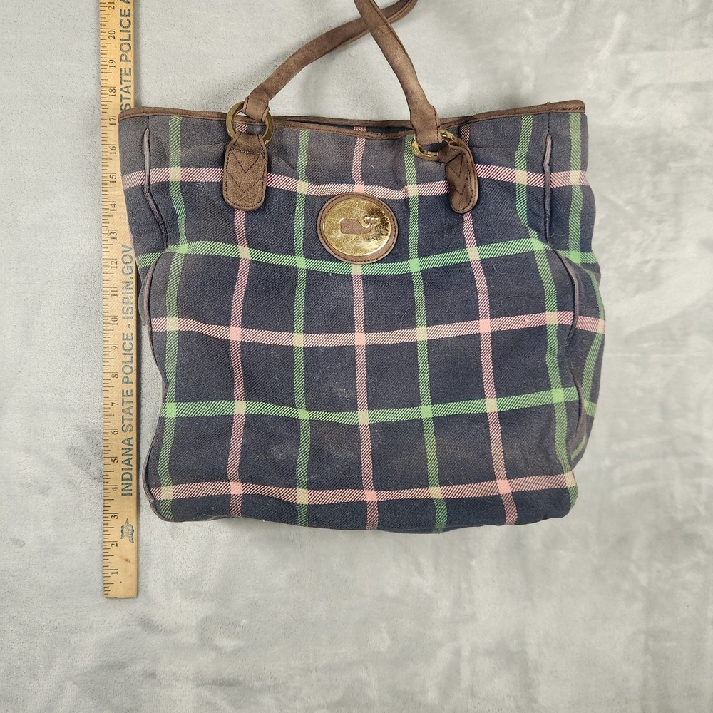 Vineyard Vines Canvas Beach Tote Large Navy Pink Plaid Leather Trim Whale Bag